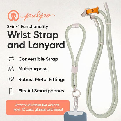 Pulpo 2 in 1 Anti Theft Phone Lanyard and Wrist Strap for iPhone and Android, Adjustable Cell Phone Leash and Universal Tether, Hands Free Strap for Travel Running and Everyday Use, Sage