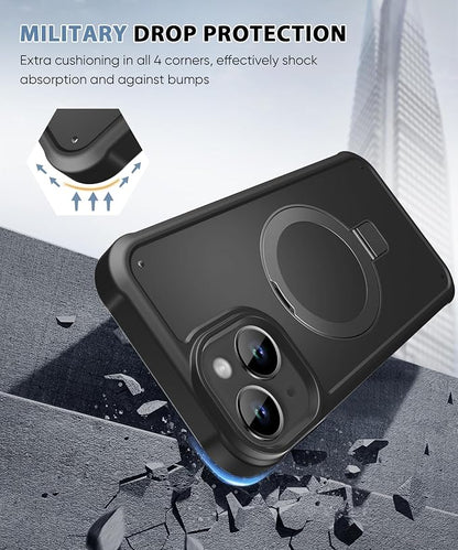 for iPhone 13/14 Case, Built-in Magnetic & Seamless Stand, [Compatible with Magsafe] Protective Shockproof Phone Case, Scratch-Resistant Matte Back Slim Cover for 6.1 Inch - Black