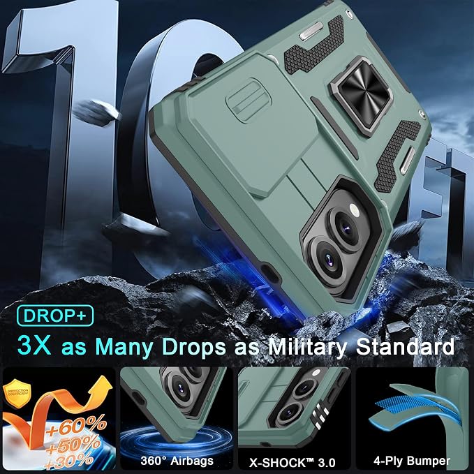 DEERLAMN Case for Samsung Galaxy S25 Edge with Slide Camera Cover+Screen Protector (1 Pack), Rotated Ring Kickstand Military Grade Shockproof Protective Cover-Green