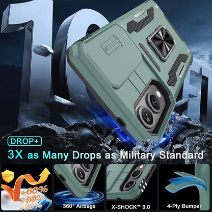 DEERLAMN Case for Samsung Galaxy S25 Edge with Slide Camera Cover+Screen Protector (1 Pack), Rotated Ring Kickstand Military Grade Shockproof Protective Cover-Green