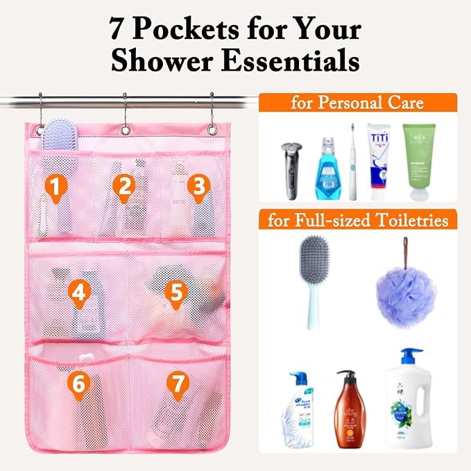 Fammart Mesh Shower Caddy Hanging, Quick-Drying Shower Organizer with 7 Pockets, Portable Bathroom Organizers and Storage for Shampoo, Soap, Loofah, Travel, and Cruise Essentials