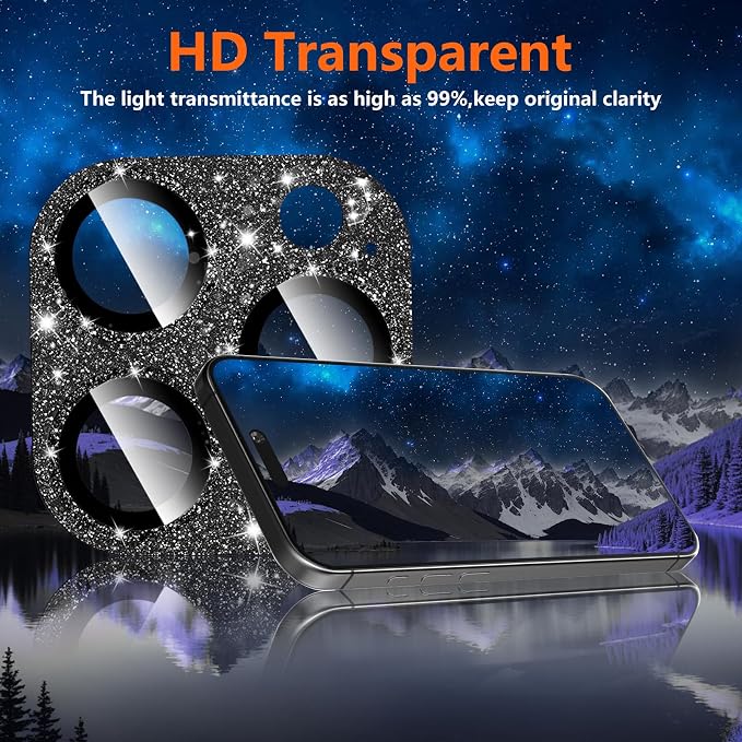 Camera Lens Protector for iPhone 16 Pro/iPhone 16 Pro Max, Glitter Camera Cover with 9H Tempered Glass Metal Ring, Lens Protector for iPhone 16 Pro/16 Pro Max (Glitter- Black)