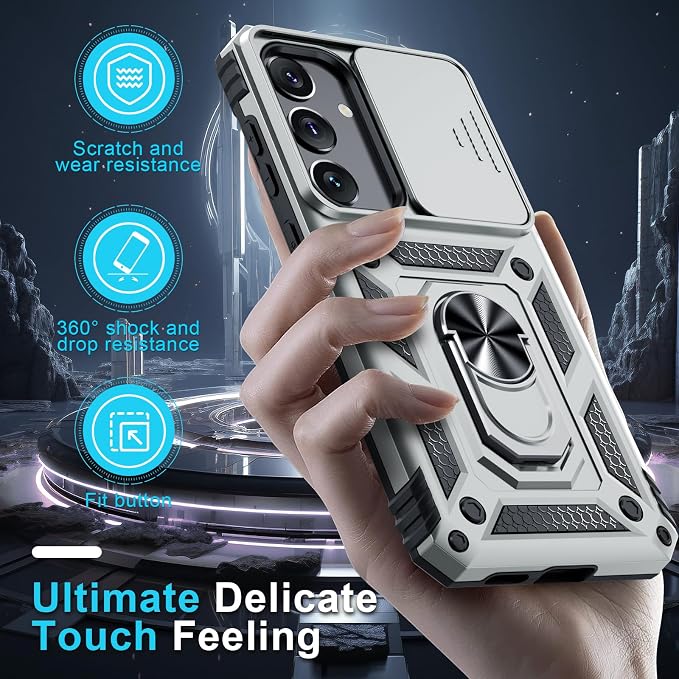 Janmitta Compatible with Samsung Galaxy S25 Plus/S24 Plus Case Built in Slide Camera Lens Cover+Screen Protector+Finger Ring Holder Kickstand,Heavy Duty Shockproof Full Body Phone Cover,Silver