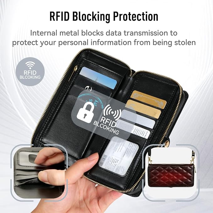 Rssviss Crossbody Case for iPhone 17 Case Wallet, RFID Blocking Leather with Card Holder Kickstand, Handbag Zipper Flip Cover with Wrist Strap for iPhone 17 Men Women 6.3", Black