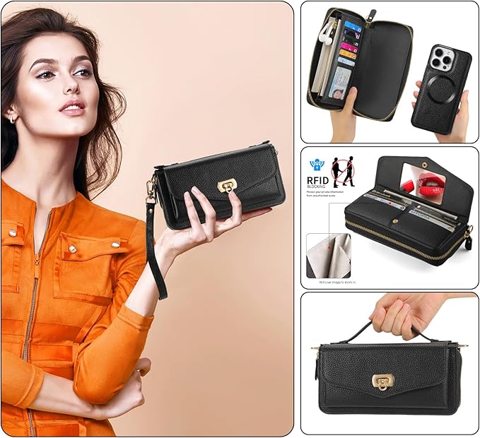 Crossbody Wallet Case for iPhone 16 Pro Max, Magnetic Detachable Floral PU Leather Phone Case with RFID Blocking Card Holder Wristlet Mirror Flip Zipper Shoulder Purse for Wome - Black B