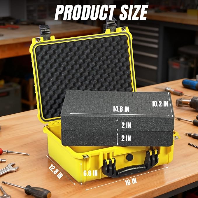 Jack Boss 16x 12.8x 6.8 Inch Hard Case, Portable Weather Waterproof Protective Camera Case with Customizable Foam, Fit Use of Drones, Camera, Equipments, Yellow