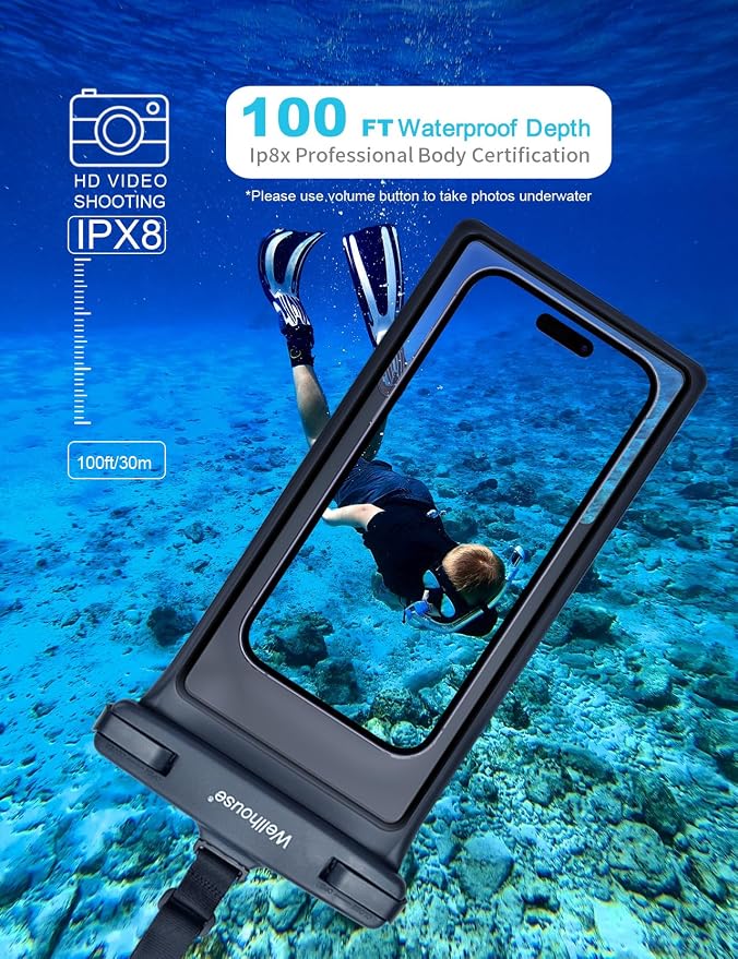 wellhouse Waterproof Phone Pouch, Waterproof Phone Case for iPhone 17 16 15 14 13 Pro Max XS Samsung, IPX8 3D Cellphone Dry Bag Beach Essentials (2 Pack - Black & White8.0, 8 inch)