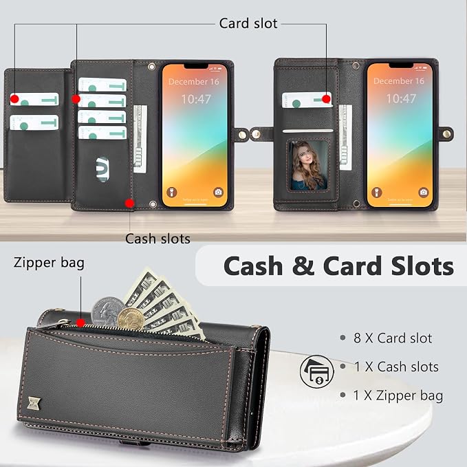 Wallet Case for iPhone 13 Pro with Card Holder/Crossbody Wallet/Strap| RFID Blocking | Magnetic | Kickstand | Detachable | PU Leather Phone Case for iPhone 13 Pro,6.1 in,Black