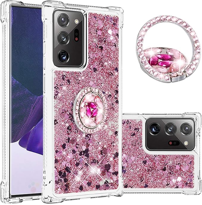 Bumper Case for Galaxy Note 20 Ultra, Glitter Floating Liquid Protective Cover Silicone Phone Case 360°Rotatable Ring Holder Scratch Shell Ultra Slim compatible with Samsung Galaxy Note 20 Ultra