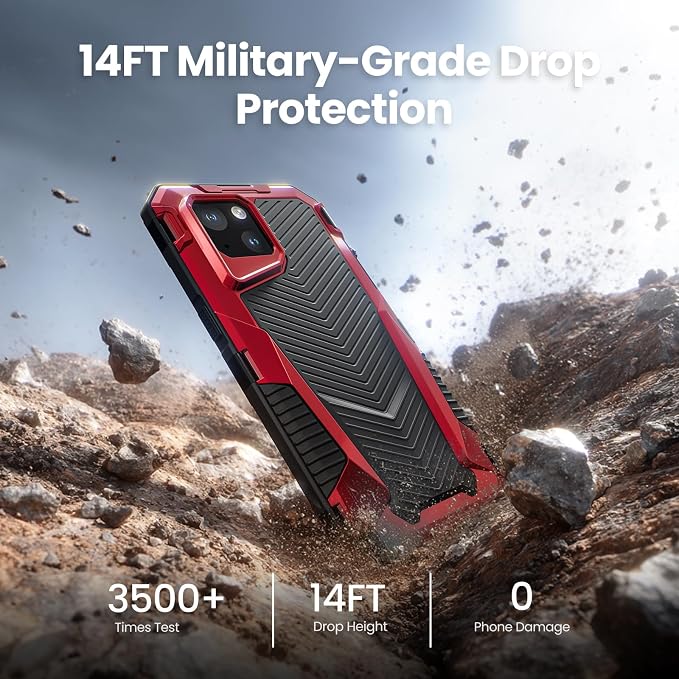 Mitywah for iPhone 14 Case with Buckle, IP68 Waterproof Military Metal Case with Built-in Screen and Camera Protector, Heavy Duty Full Body Drop Proof Shockproof Phone Cover 6.7 inch, Red