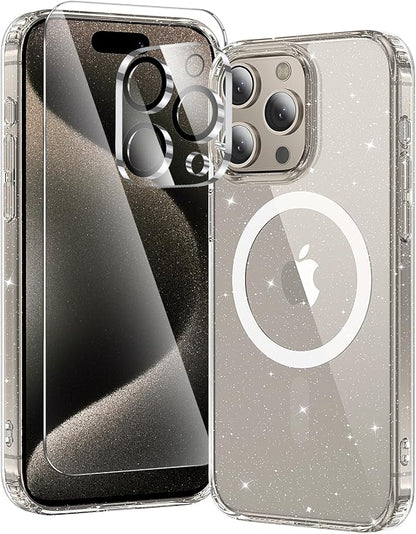 3 in 1 for iPhone 15 Pro Case Clear with MagSafe, Not Yellowing, Screen Protector*1 Camera Lens Protector*1, Military-Grade Protection for iPhone 15 Pro Phone Case 6.1 inch Clear Glitter