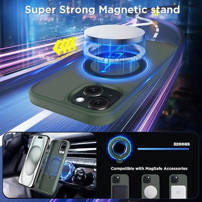 CACOE Magnetic Case for iPhone 15 6.1 inch with 360 Rotatable Ring Stand, Compatible with MagSafe Car Phone Mount, iPhone 15 Cases Cover Phone Holder for Desk Meeting/Videos Dark Green