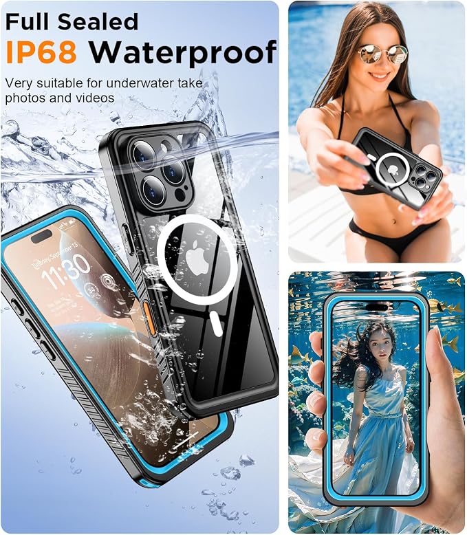 Temdan Magnetic for iPhone 16 Pro Max Case Waterproof,Built-in Screen Protector[IP68 Underwater][Upgrade Military Dropproof][Compatible with MagSafe] Full Body Shockproof Case-Blue