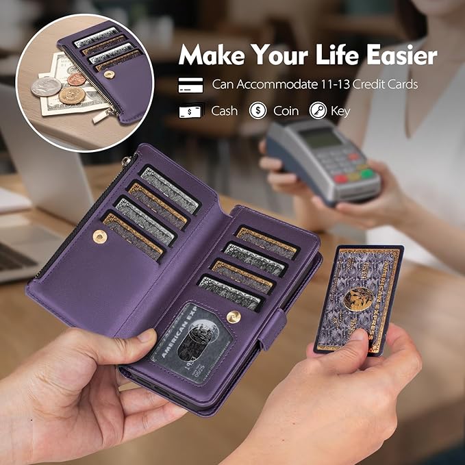 Antsturdy Compatible with Magsafe Magnetic 2 in 1 Detachable iPhone 17 Pro Wallet Case with Credit Card Holder Slots,PU Leather RFID Blocking Phone Cover Wrist Strap Zipper Women Men,Purple