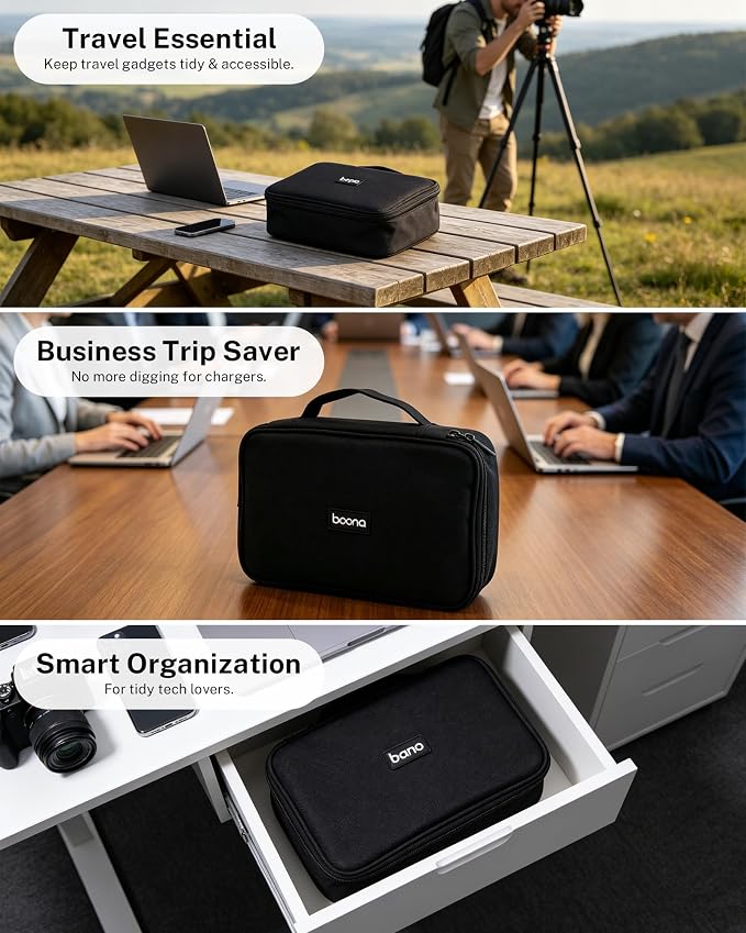 Waterproof Electronics Accessories Organizer Case - Double Layer Cable Organizer Bag for Travel, Chargers, Cords, Digital Device Storage - Black