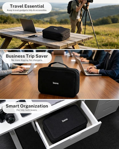 Waterproof Electronics Accessories Organizer Case - Double Layer Cable Organizer Bag for Travel, Chargers, Cords, Digital Device Storage - Black