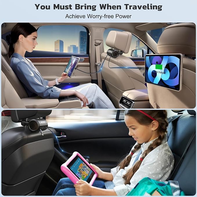 OHLPRO Car Back Seat Charger with Retractable Cables, Headrest Mount Phone Tablet Charger with USB-C PD30W & iOS PD20W Wires, 4-Port Adapter for Taxi Rideshare, with Cigarette Lighter Plug