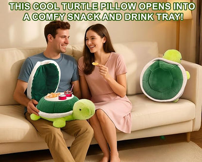 Couch Cup Holder Pillow Tray & Caddy,Headrest and Giant Turtle Stuffed Animal-For Sofa, Bed, Car，Camping, Double Smooth zippers for the shell, soft plush.Spill-Proof Machine Washable tray (23inches）