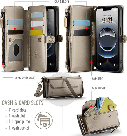 Strapurs Crossbody Wallet Case Compatible with iPhone 17e / iPhone 16e RFID Blocking 7-Card Holder PU Leather Magnetic Snap Shoulder Strap Zipper Pocket Phone Cases for iPhone 17e / 16e - Bronze Gold