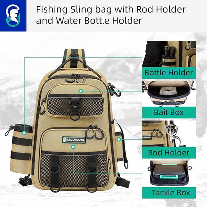 22L Fly Fishing Sling Bag - Fits 3x 3700 Tackle Boxes, 12 D-Rings, Rod Holster, Water Bottle Holder, Phone Pocket (Tan)