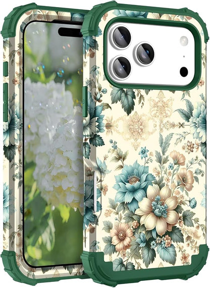 Hocase for iPhone 17 Pro Case 6.3", Heavy Duty Shockproof Protection Soft Silicone Rubber+Hard Plastic Bumpers Hybrid Protective Case for iPhone 17 Pro 2025 - Teal Blue Flowers