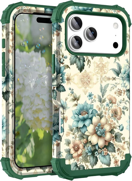 Hocase for iPhone 17 Pro Case 6.3", Heavy Duty Shockproof Protection Soft Silicone Rubber+Hard Plastic Bumpers Hybrid Protective Case for iPhone 17 Pro 2025 - Teal Blue Flowers