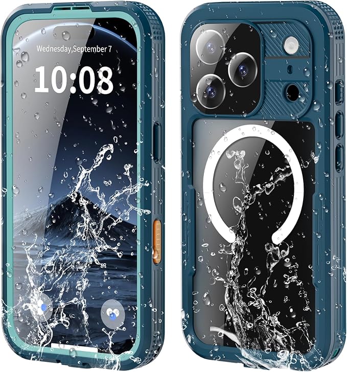 Omio for iPhone 17 Pro Waterproof Case Compatible with MagSafe Magnetic Waterproof Full Body IP68 Underwater Case Built-in Screen Protector Military Grade Shockproof Cover for Men Women Teal