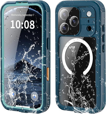 Omio for iPhone 17 Pro Waterproof Case Compatible with MagSafe Magnetic Waterproof Full Body IP68 Underwater Case Built-in Screen Protector Military Grade Shockproof Cover for Men Women Teal