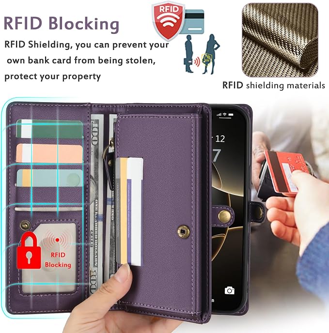 for Wallet Case Compatible with iPhone 16 Pro,Multi-Function Detachable 2 in 1 Magnetic iPhone 16 Pro Case Wallet,Flip Strap Zipper Card Holder Phone Case with Shoulder Straps (Pruple)