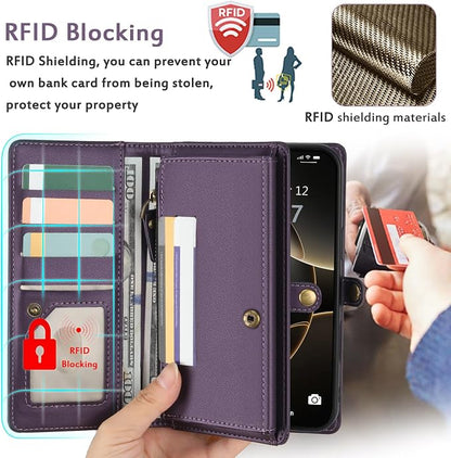 for Wallet Case Compatible with iPhone 16 Pro,Multi-Function Detachable 2 in 1 Magnetic iPhone 16 Pro Case Wallet,Flip Strap Zipper Card Holder Phone Case with Shoulder Straps (Pruple)