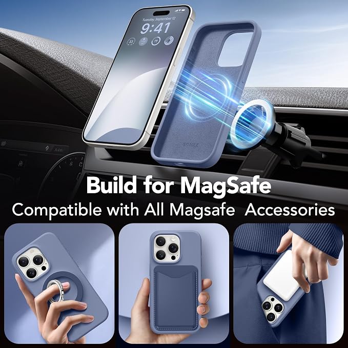 GONEZ for iPhone 15 Pro Max Case Silicone, Compatible with Magsafe, Camera Protector + Screen Protector, Anti-Scratch Microfiber Lining, Liquid Silicone Shockproof Phone Cover, Lavender Gray