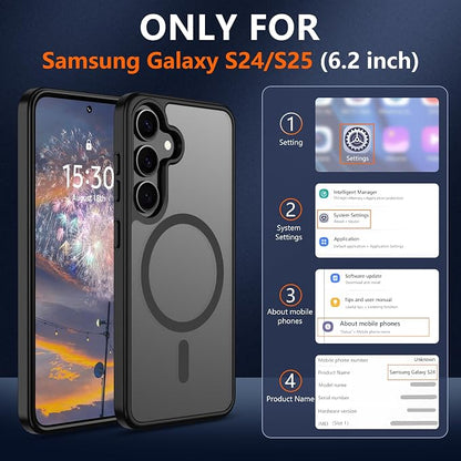 For Samsung Galaxy S24 Case & Galaxy S25 Case [Compatible with Magsafe] Translucent Matte Magnetic Phone Case,Slim Thin Duty Shockproof Protection Cover with 2pc HD Screen Protector for S24/S25-Black