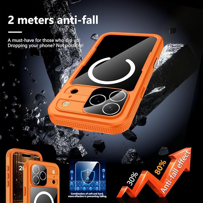 GOLDJU Magnetic for iPhone 17 Pro Max Case-Waterproof, Built-in Screen & Camera Protector-IP68 Underwater Full Body 16FT Military Dropproof Shockproof Case for 17 Pro Max 6.9''- Orange