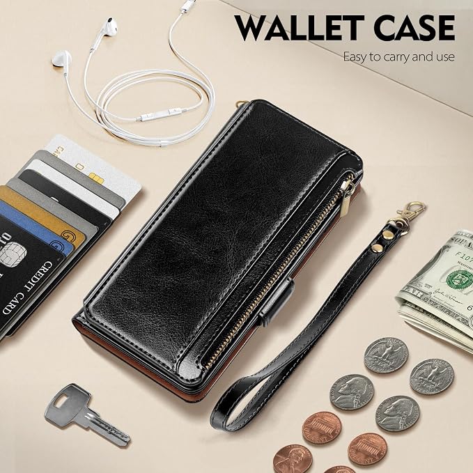 Antsturdy Compatible with iPhone 16 Plus Wallet Case,RFID Blocking PU Leather Phone Case Women Men Kickstand flip Cover Wrist Strap Zipper Credit Card Holder Slots for Apple 16 Plus 6.7",Black