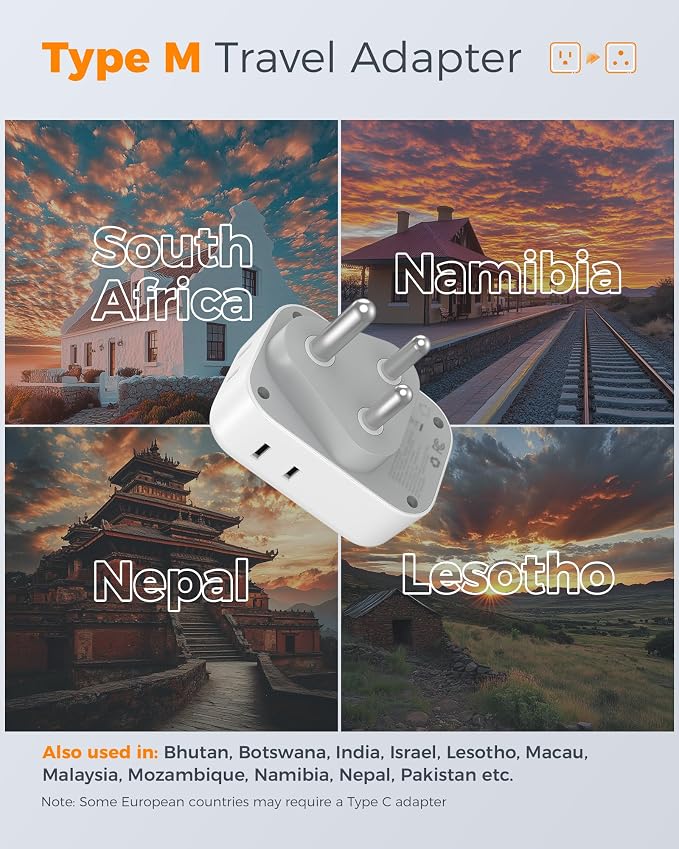 TESSAN South Africa Plug Adapters, Type M Adapter for South Africa with 4 Outlets 3 USB (2 USB-C), Travel Power Adaptor for US to Namibia Botswana Nepal Mozambique Sri Lanka Eswatini Lesotho, 2 Pack