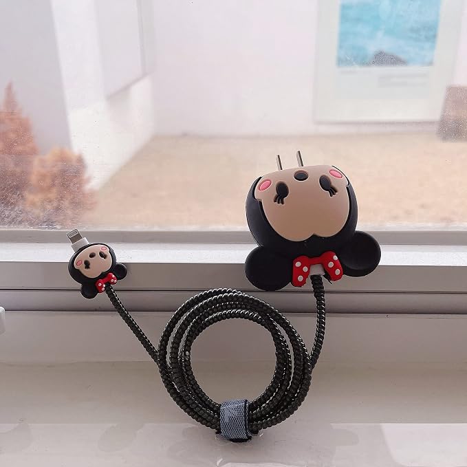 3D Cute Cartoon Charger Protector Case - Compatible for Apple 20W USB-C Power Adapter and Lightning Cable (Black MouseB)