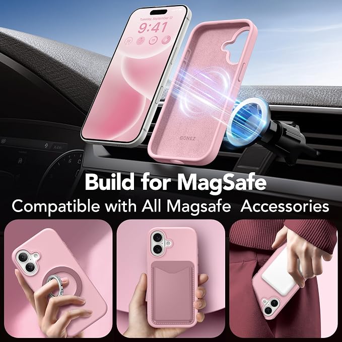 GONEZ Magnetic for iPhone 17 Case, Compatible with MagSafe, [Screen Protector + Camera Lens Protector], Liquid Silicone Anti-Scratch Shockproof Protective Phone Case 6.3 inch, Peach Pink