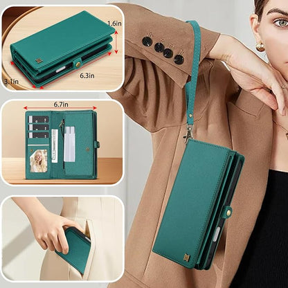 for Wallet Case Compatible with iPhone 16 Pro,Multi-Function Detachable 2 in 1 Magnetic iPhone 16 Pro Case Wallet,Flip Strap Zipper Card Holder Phone Case with Shoulder Straps (Green)