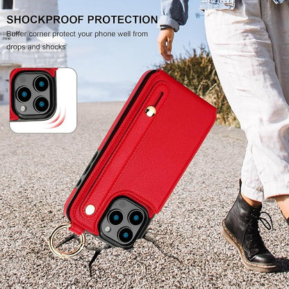 Folosu for iPhone 16 Pro Max Wallet Case with Card Holder, Hand Wrist Strap Loop Holder Kickstand, RFID Blocking Finger Grip Ring PU Leather Double Buttons Shockproof Cover 6.9" Red