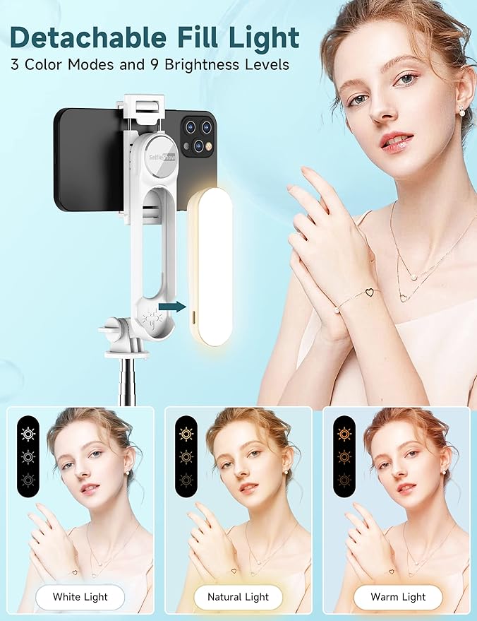 Stable Selfie Stick Tripod with Fill Light, 44 Inch Extendable Selfie Stick with Wireless Remote and Tripod Stand 360 Rotation for iPhone 15/14/13/12/11 Pro/XS Max/XR/X, Samsung and Smartphone (White)
