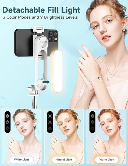 Stable Selfie Stick Tripod with Fill Light, 44 Inch Extendable Selfie Stick with Wireless Remote and Tripod Stand 360 Rotation for iPhone 15/14/13/12/11 Pro/XS Max/XR/X, Samsung and Smartphone (White)
