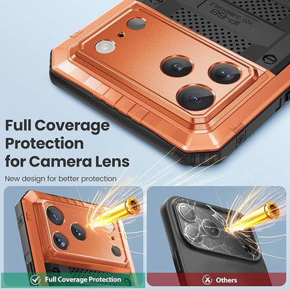 Mitywah Waterproof Case for iPhone 17 Pro, Rugged Metal Case with Built-in Screen Protector, Heavy Duty Full Body Shockproof Protective Cover 6.3 inch, Orange