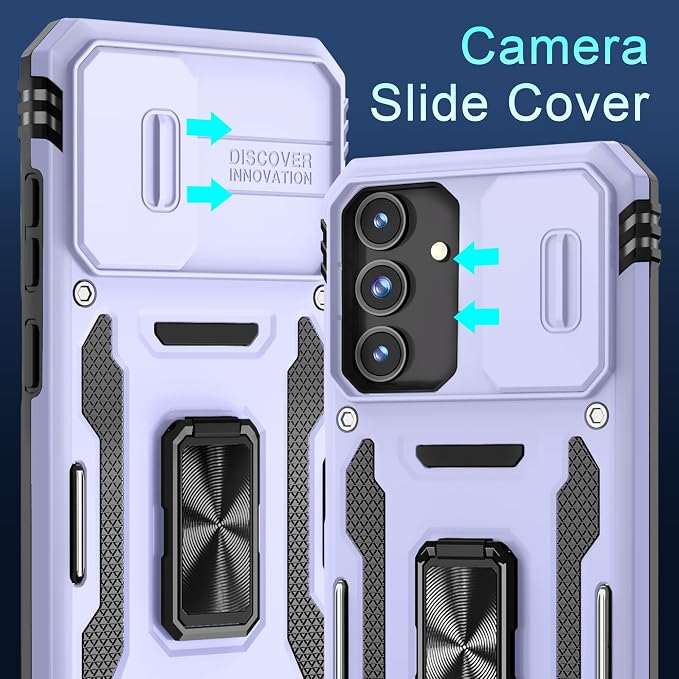 DEERLAMN Case for Samsung Galaxy S25 6.2-Inch with Slide Camera Cover+Screen Protector (1 Pack), Rotated Ring Kickstand Military Grade Shockproof Protective Cover-Light Purple