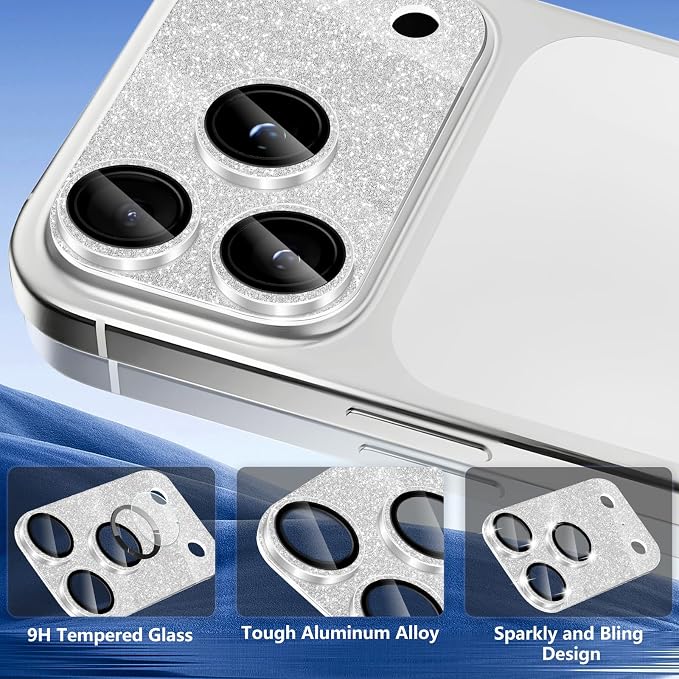 Camera Lens Protector for iPhone 17 Pro, Bling Glitter Camera Cover with 9H Tempered Glass Metal Ring, Anti-Scratch Lens Protector for iPhone 17 Pro (Glitter - Silver)
