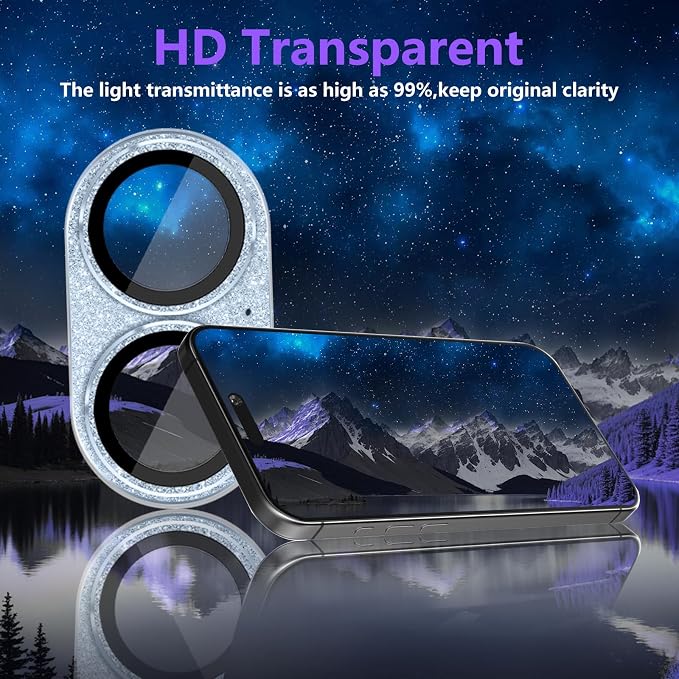 Camera Lens Protector for iPhone 17, Bling Glitter Camera Cover with 9H Tempered Glass Metal Ring, Anti-Scratch Lens Protector for iPhone 17 (Glitter - Blue)