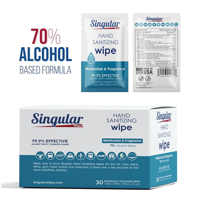 Hand Sanitizing Wipes Travel Size by Singular Wipes – 24ct Individually Wrapped | Fresh Citrus Scent, Moisturizing, 70% Alcohol Wipes | Travel, Office, School, Home | Made in USA