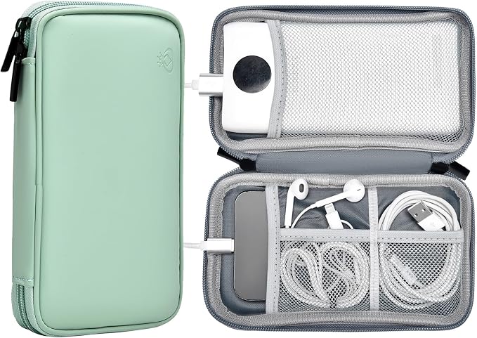 Portable Charger Organizer Travel Case Shockproof Power Bank Bag for Anker/Jackery/RAV/10000mAh Power Bank Leather Electronic Case for PowerCore(Light Green, Single Layer-Small)
