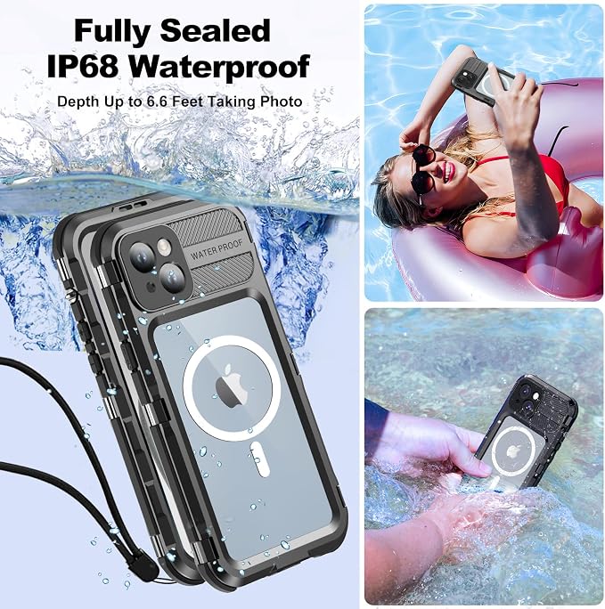 WIFORT for iPhone 15 Plus Waterproof Case - Built-in [Screen Protector][IP68 Water Proof][14FT Military Grade Shockproof], Rugged Metal Full Body Aluminum Protective Drop Protection Cover, 6.7" Black