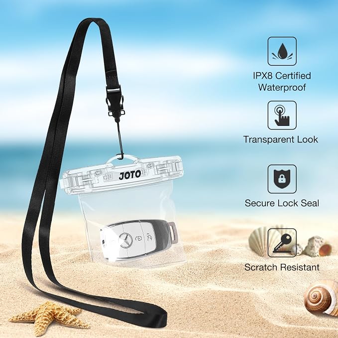 JOTO 2 Pack Waterproof Car Key FOB Case with Lanyard for Swimming Surfing, Small Waterproof Wallet Dry Bag for Money Credit ID Card Cash Coins -Crystal