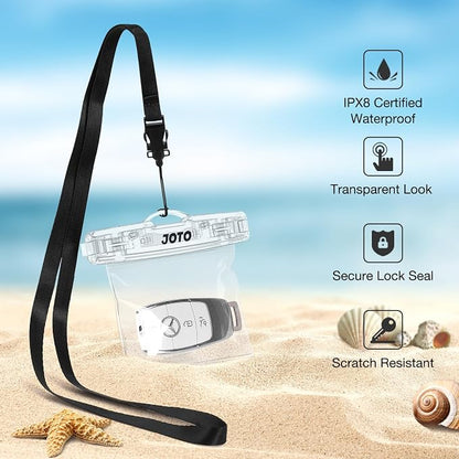JOTO 2 Pack Waterproof Car Key FOB Case with Lanyard for Swimming Surfing, Small Waterproof Wallet Dry Bag for Money Credit ID Card Cash Coins -Crystal